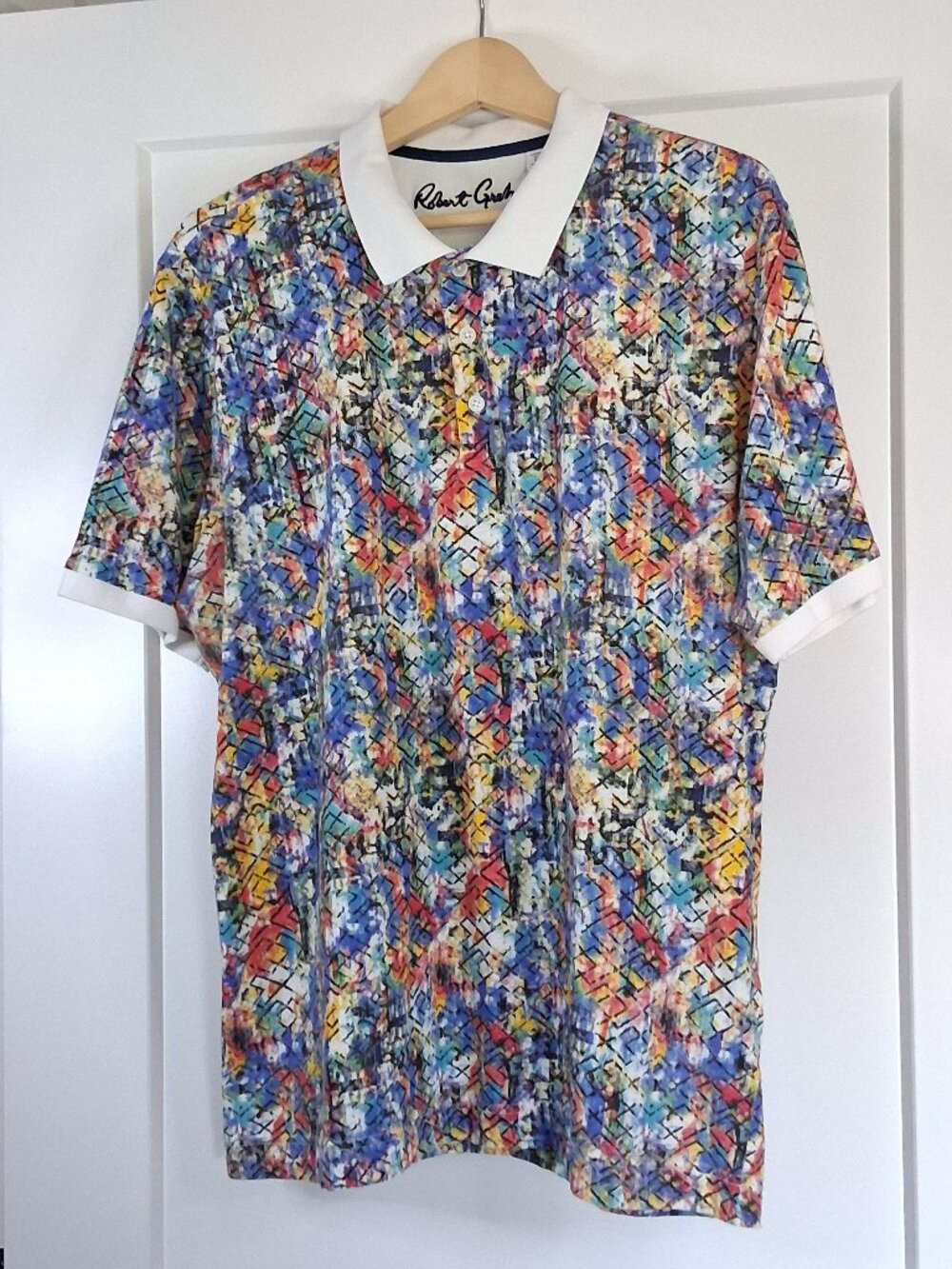 Robert Graham Mens Large Polo Shirt Multicolor Abstract Geometric 100% Cotton
